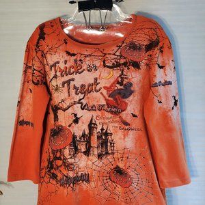 FLOWER N RING Size L Embellished Halloween Top Witch Pumpkin Spider Bat